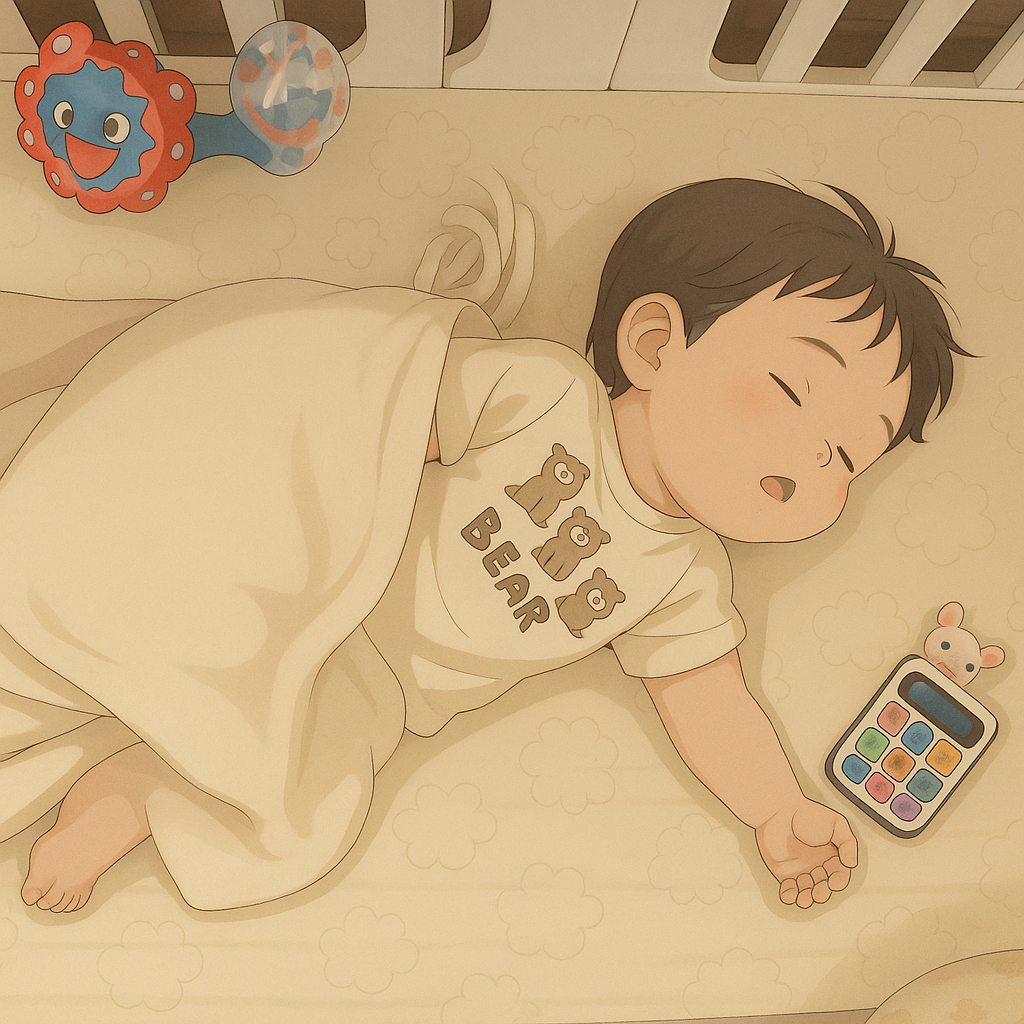 おもちゃスマホを握って寝る赤ちゃん
