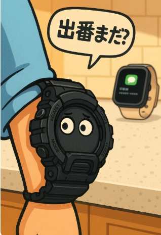 黒いタフ系腕時計が袖口から『出番まだ？』と見上げ、奥でApple Watchが通知を受けているコミカルな挿絵